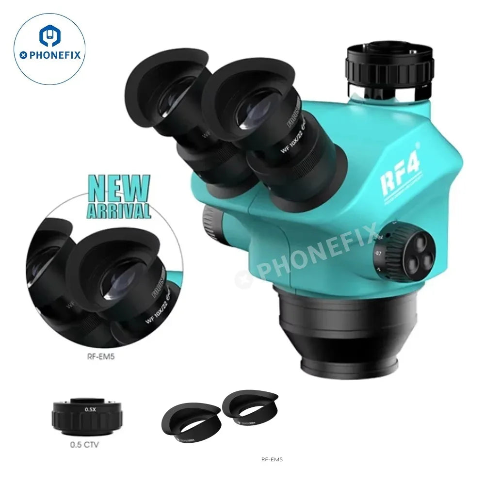 Tête de microscope stéréo zoom trinoculaire à focale simultanée RF4 avec lentille de Barlow, accessoire pour microscope électronique de PHONEFIX, illustrée sur l'image RF7050TV