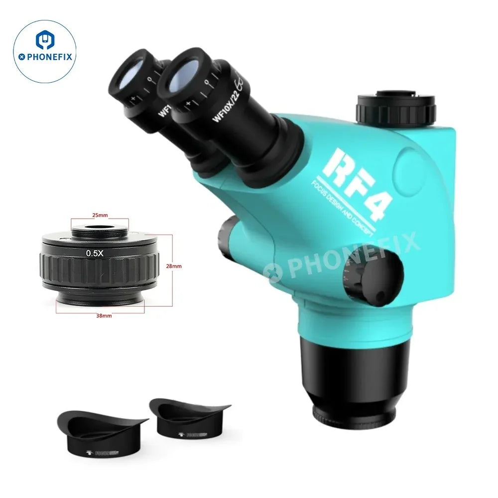Tête de microscope stéréo zoom trinoculaire à focale simultanée RF4 avec lentille de Barlow pour microscopes électriques, montrant les composants optiques détaillés