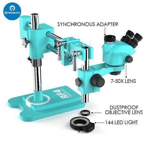 RF4 HD Trinocular Stereo Zoom Microscope for PCB repair, electric microscope by PHONEFIX, with adjustable zoom and industrial build.