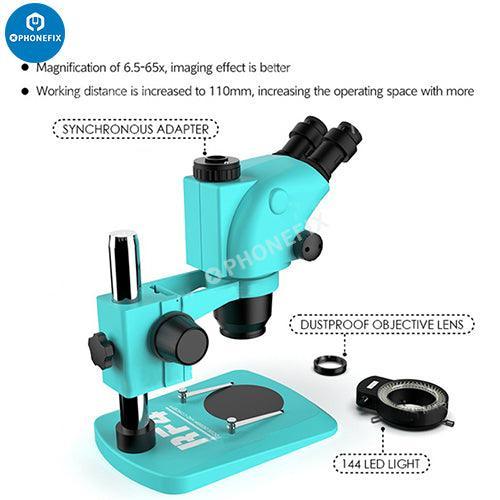 RF4 HD Trinocular Stereo Zoom Industrial Microscope by PHONEFIX, showing detailed view for PCB repair tasks.