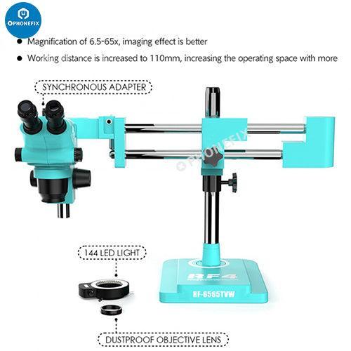 RF4 HD Trinocular Stereo Zoom Microscope for PCB repair by PHONEFIX, showing the microscope with adjustable eyepieces and zoom lens.