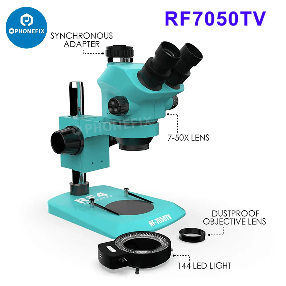 RF4 HD Trinocular Stereo Zoom Microscope by PHONEFIX, electric microscope for PCB repair with adjustable zoom and bright illumination.