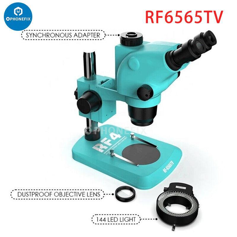 RF4 HD Trinocular Stereo Zoom Industrial Microscope for PCB repair, electric microscope with adjustable zoom and lighting.