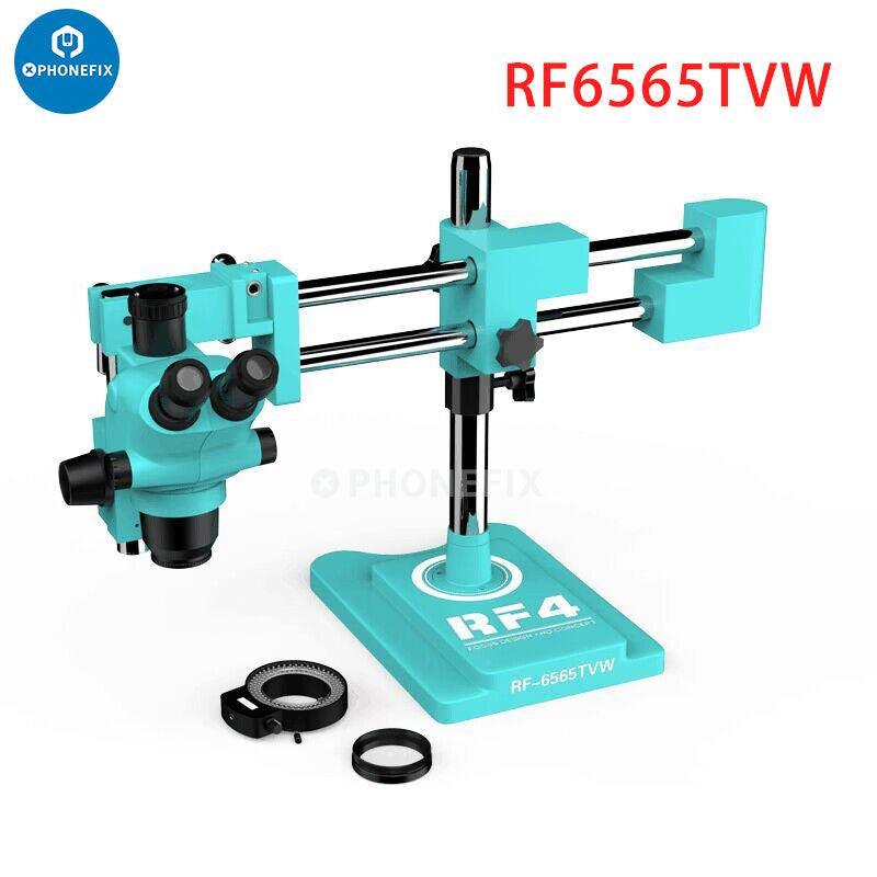RF4 HD Trinocular Stereo Zoom Microscope by PHONEFIX for PCB repair, featuring detailed view of the microscope's eyepieces and zoom lens