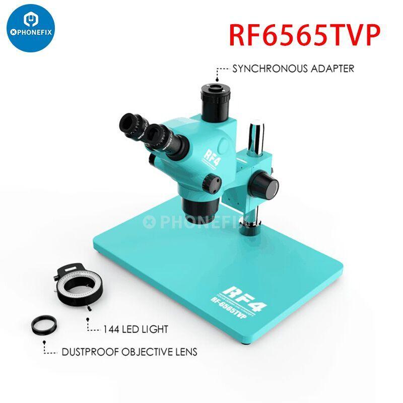 RF4 HD Trinocular Stereo Zoom Industrial Microscope by PHONEFIX, used for PCB repair, with adjustable zoom and eyepieces.