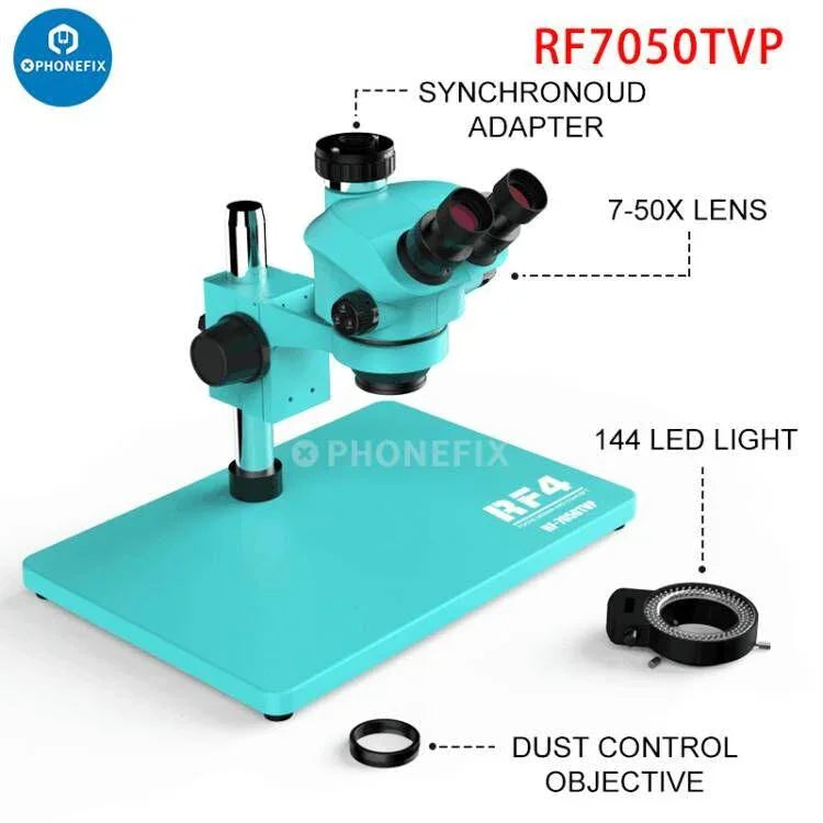 RF4 HD Trinocular Stereo Zoom Microscope by PHONEFIX for PCB repair, featuring adjustable magnification and bright illumination.