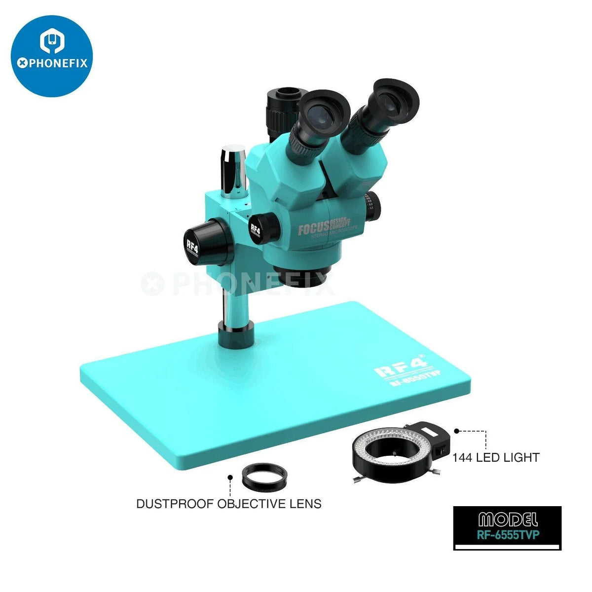 RF4 HD Trinocular Stereo Zoom Microscope by PHONEFIX for PCB repair, featuring adjustable magnification and bright LED illumination.