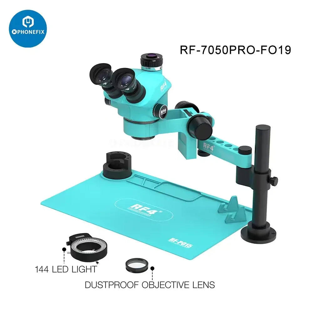 RF4 HD trinocular stereo zoom industrial microscope for PCB repair by PHONEFIX, showing detailed close-up of circuit boards.