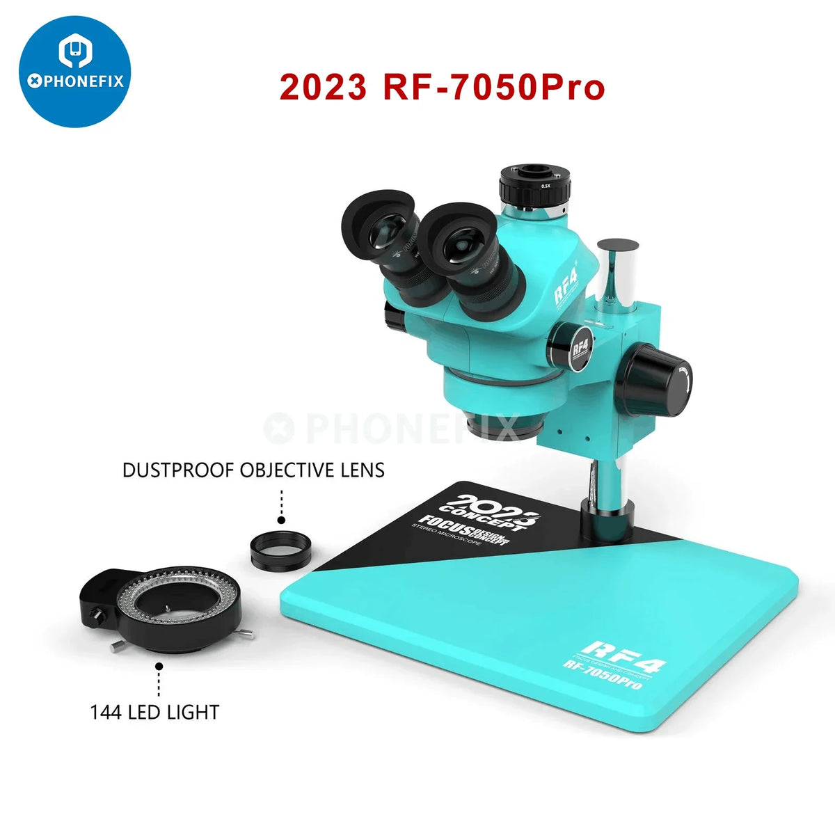 RF4 HD Trinocular Stereo Zoom Microscope by PHONEFIX for PCB repair, featuring adjustable magnification and bright LED illumination.