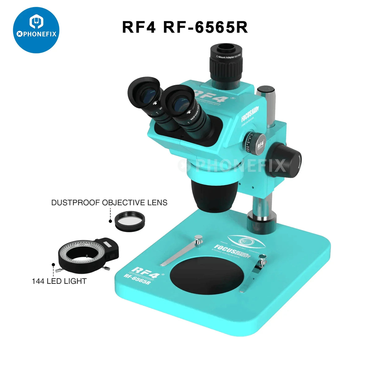 RF4 HD Trinocular Stereo Zoom Industrial Microscope by PHONEFIX, electric microscope with adjustable zoom for PCB repair inspection.