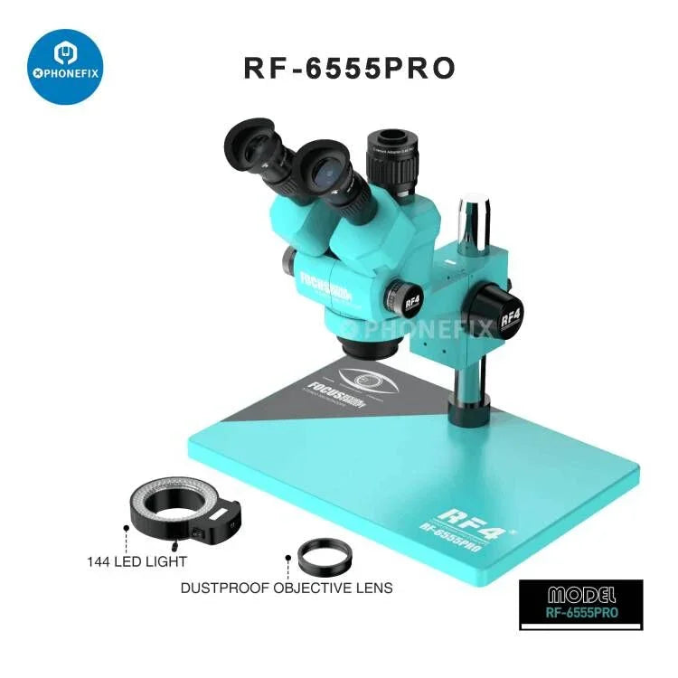 RF4 HD Trinocular Stereo Zoom Microscope for PCB repair by PHONEFIX, showing adjustable eyepieces and zoom lens for detailed inspection