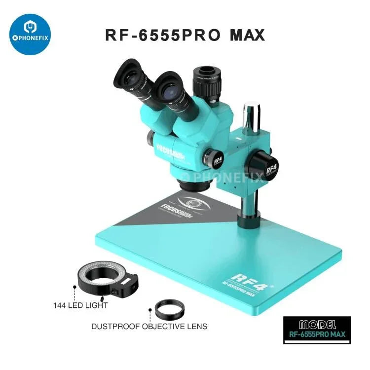 RF4 HD Trinocular Stereo Zoom Industrial Microscope for PCB repair by PHONEFIX, showing the microscope with adjustable eyepieces and zoom lens