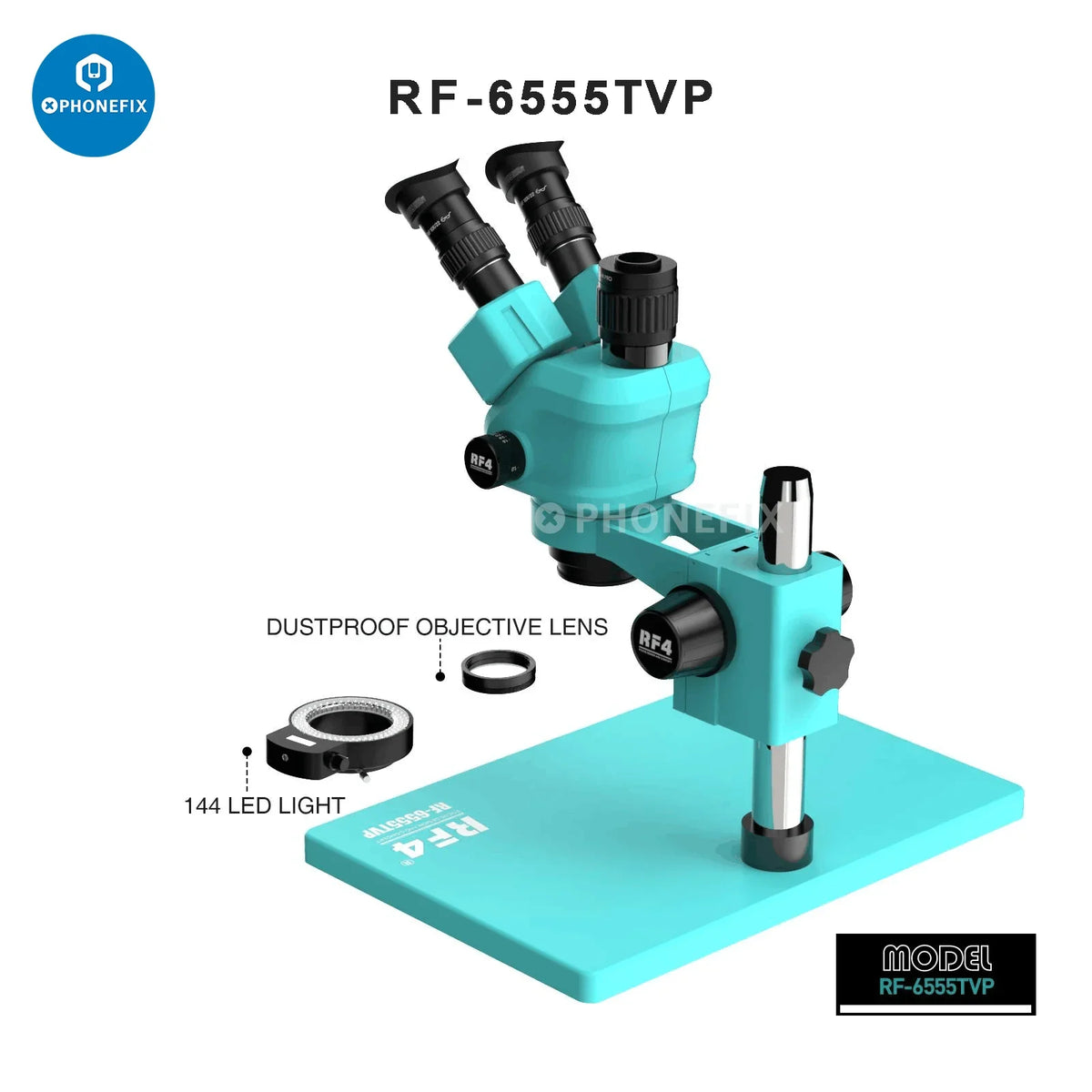 RF4 HD Trinocular Stereo Zoom Microscope by PHONEFIX, used for PCB repair with high-definition optics and adjustable zoom.