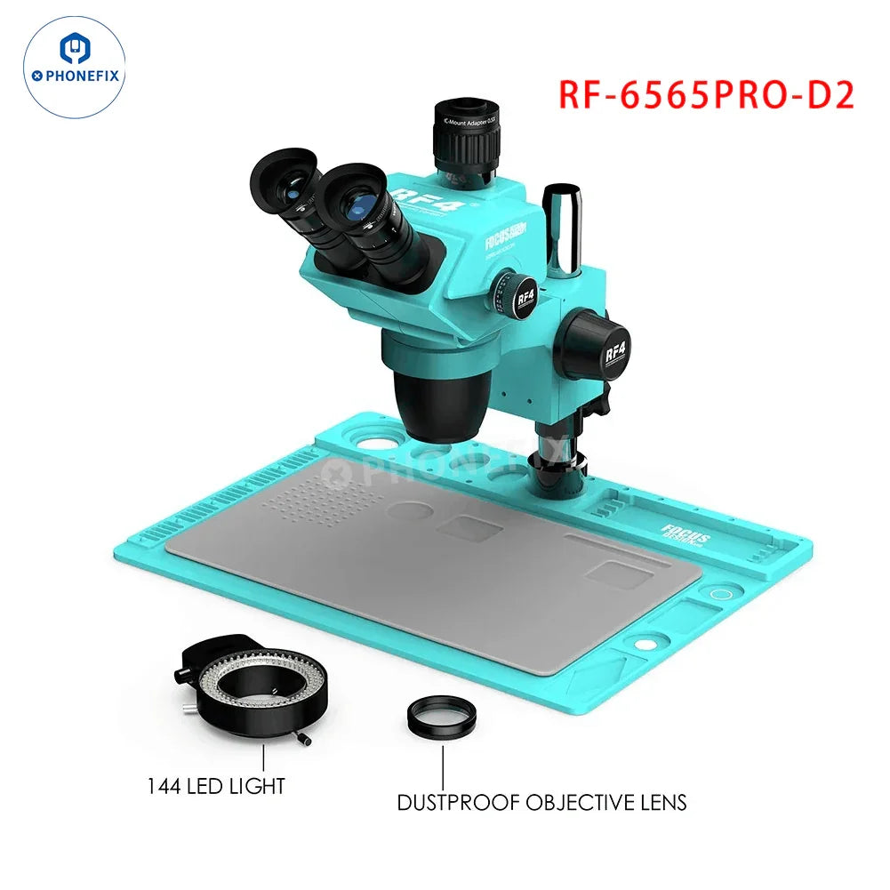 RF4 HD Trinocular Stereo Zoom Microscope by PHONEFIX used for PCB repair, showing electronic circuit inspection with adjustable zoom.