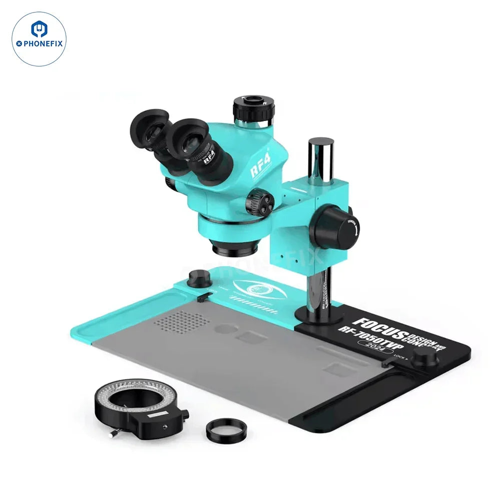 RF4 HD Trinocular Stereo Zoom Microscope by PHONEFIX, electric microscope for PCB repair with adjustable zoom and bright illumination.