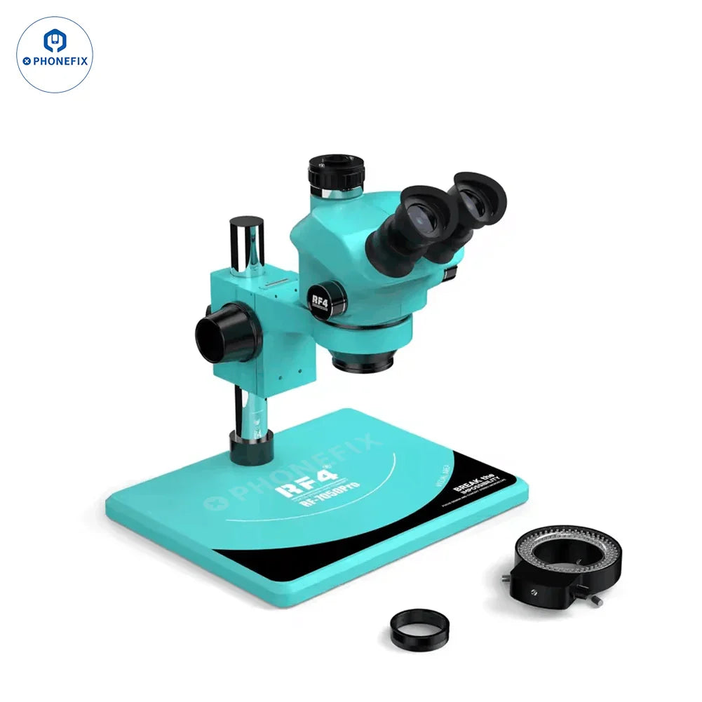 RF4 HD Trinocular Stereo Zoom Microscope by PHONEFIX for PCB repair, showing adjustable eyepieces and industrial-grade build.