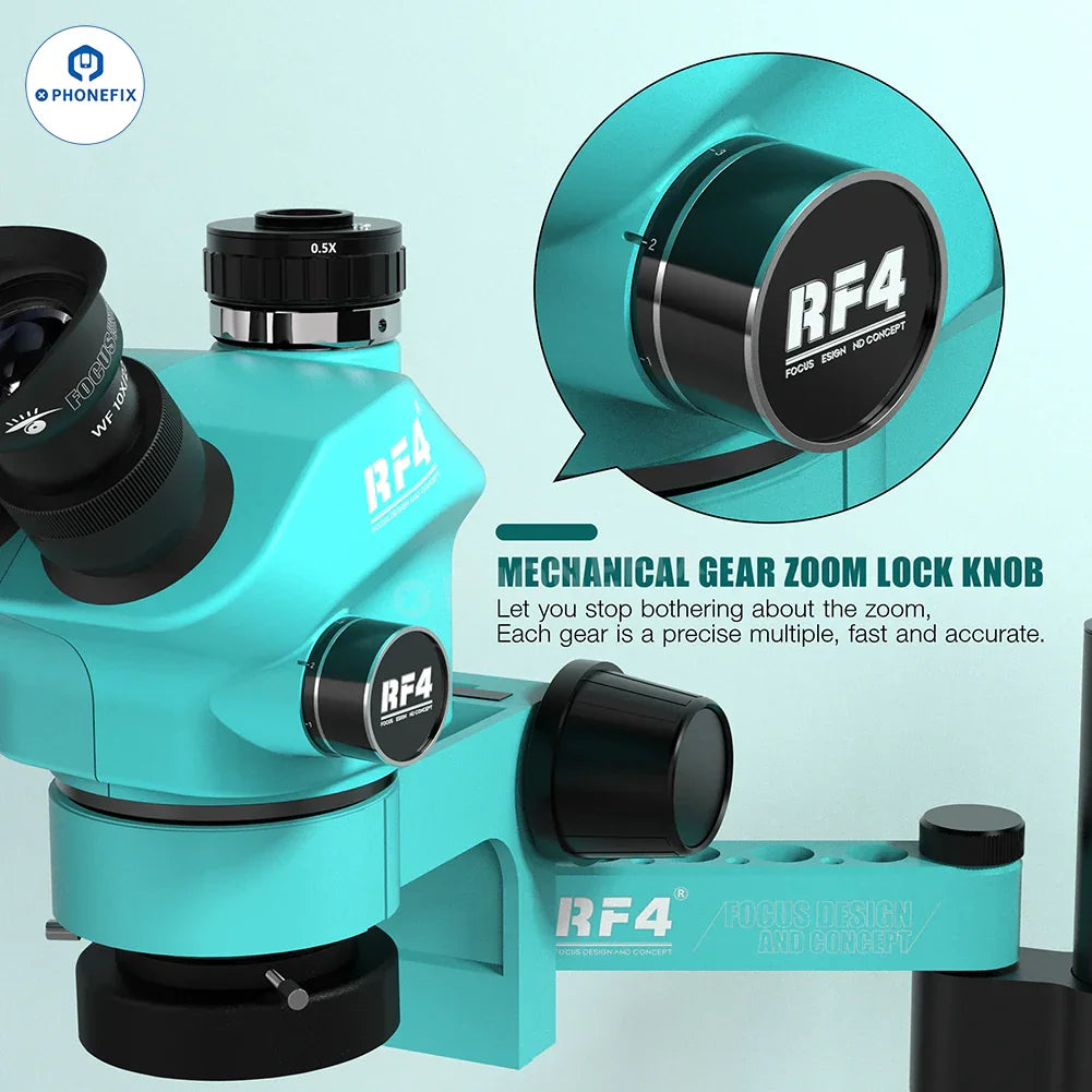RF4 RF7050PRO FO19 trinocular stereo microscope with folding swing arm, electric microscopy device by PHONEFIX, detailed optical components.