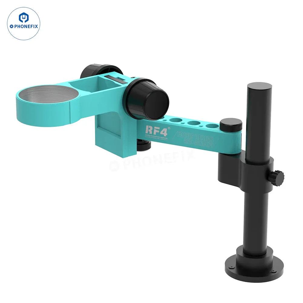 RF4 RF7050PRO FO19 trinocular stereo microscope with folding swing arm, electric microscope by PHONEFIX, showing control panel and optical lenses.