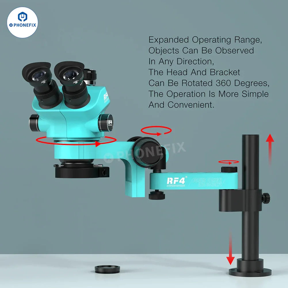 RF4 RF7050PRO FO19 trinocular stereo microscope with folding swing arm, electric microscope by PHONEFIX, showing the optical and mechanical features