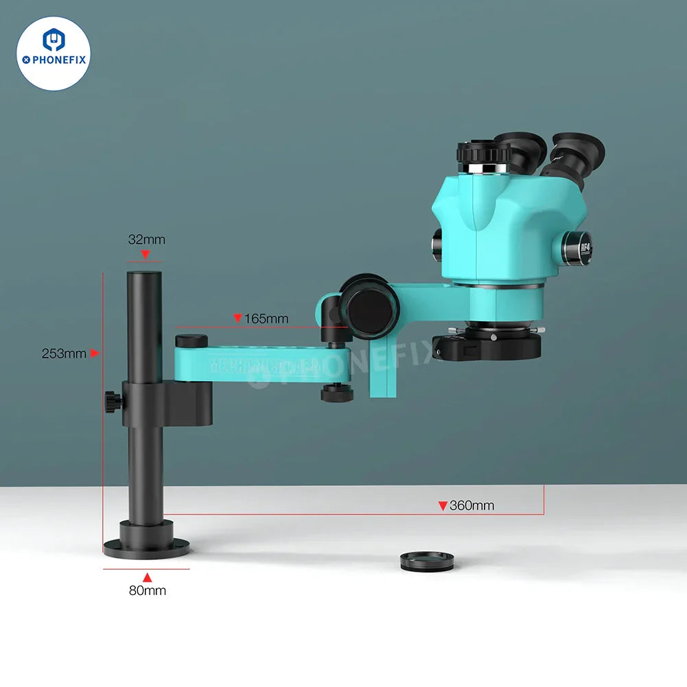 RF4 RF7050PRO FO19 trinocular stereo microscope with folding swing arm, electric microscope from PHONEFIX, showing adjustable viewing setup