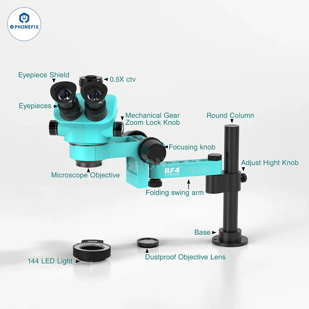 RF4 RF7050PRO FO19 trinocular stereo microscope with folding swing arm, electric microscope for detailed viewing and imaging.
