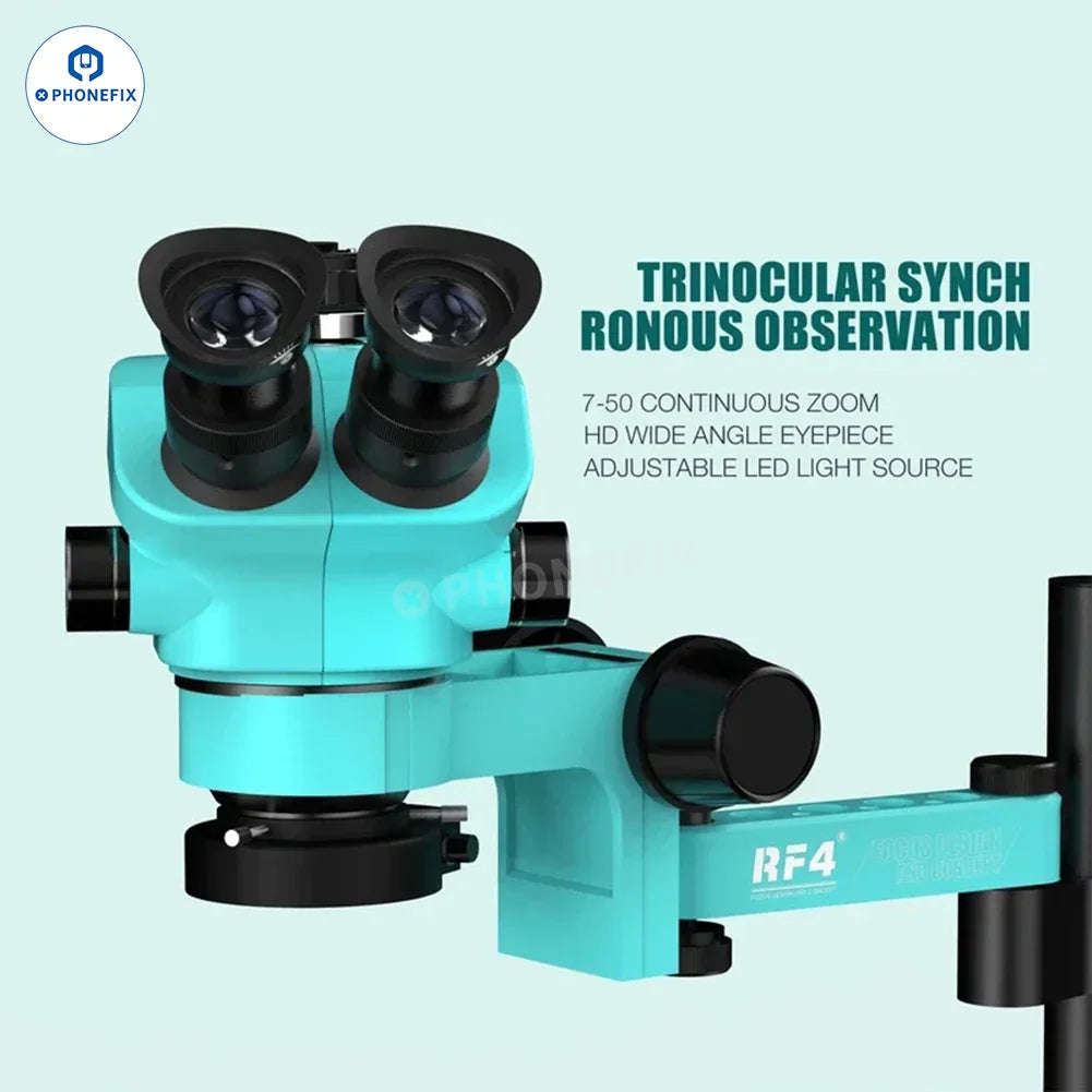 RF4 RF7050PRO FO19 trinocular stereo microscope with folding swing arm, electric microscope by PHONEFIX, detailed close-up image