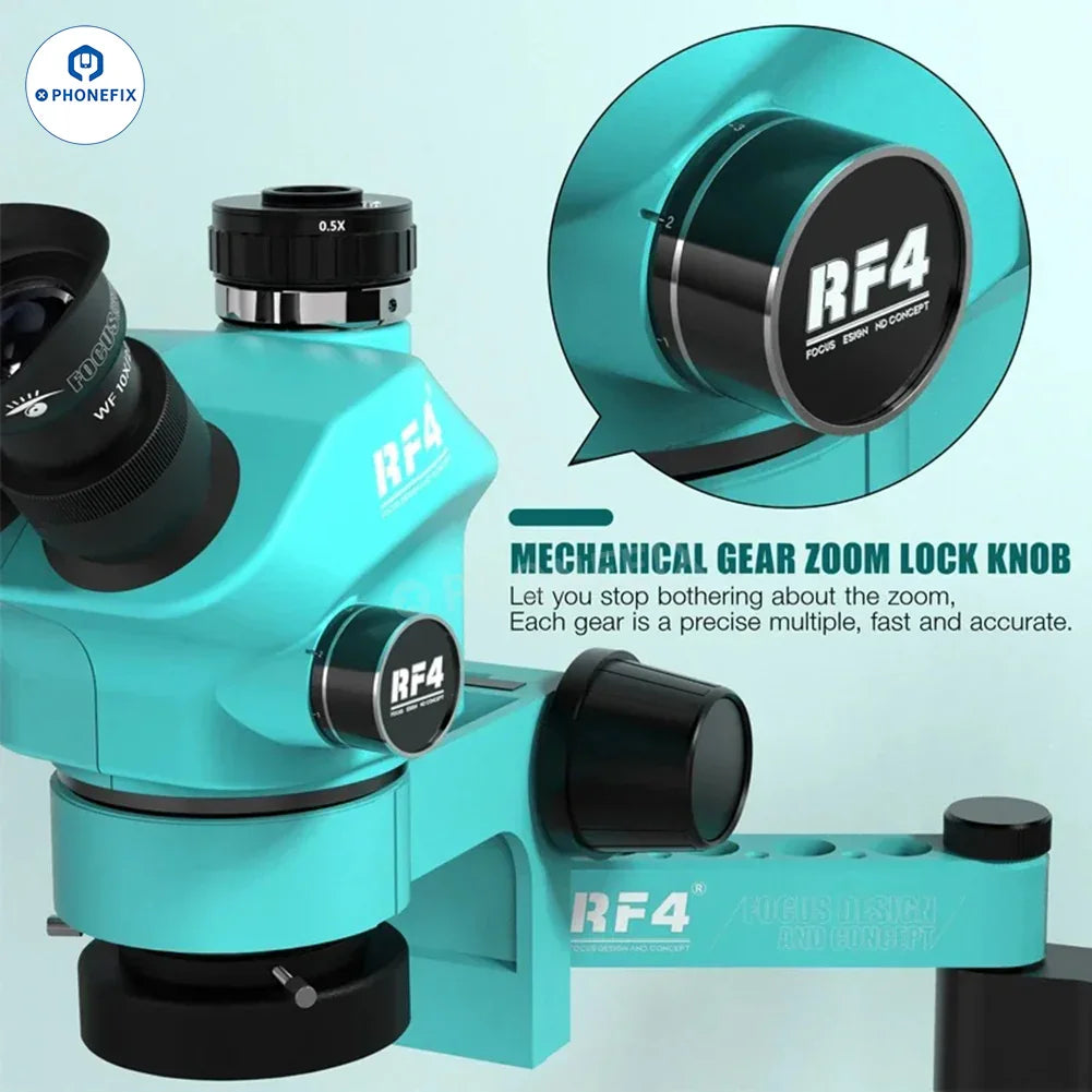 RF7050PRO FO19 trinocular stereo microscope with folding swing arm, electric design, by PHONEFIX, showing detailed view of the microscope.