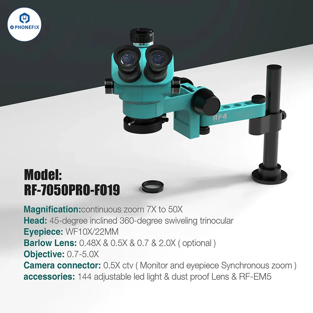 RF4 RF7050PRO FO19 trinocular stereo microscope with folding swing arm, electric microscope for detailed scientific inspection