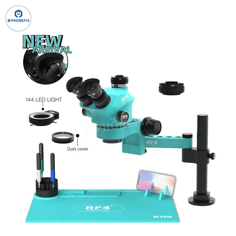 RF4 RF7050PRO FO19 trinocular stereo microscope with folding swing arm, electric microscope for detailed imaging and precision work