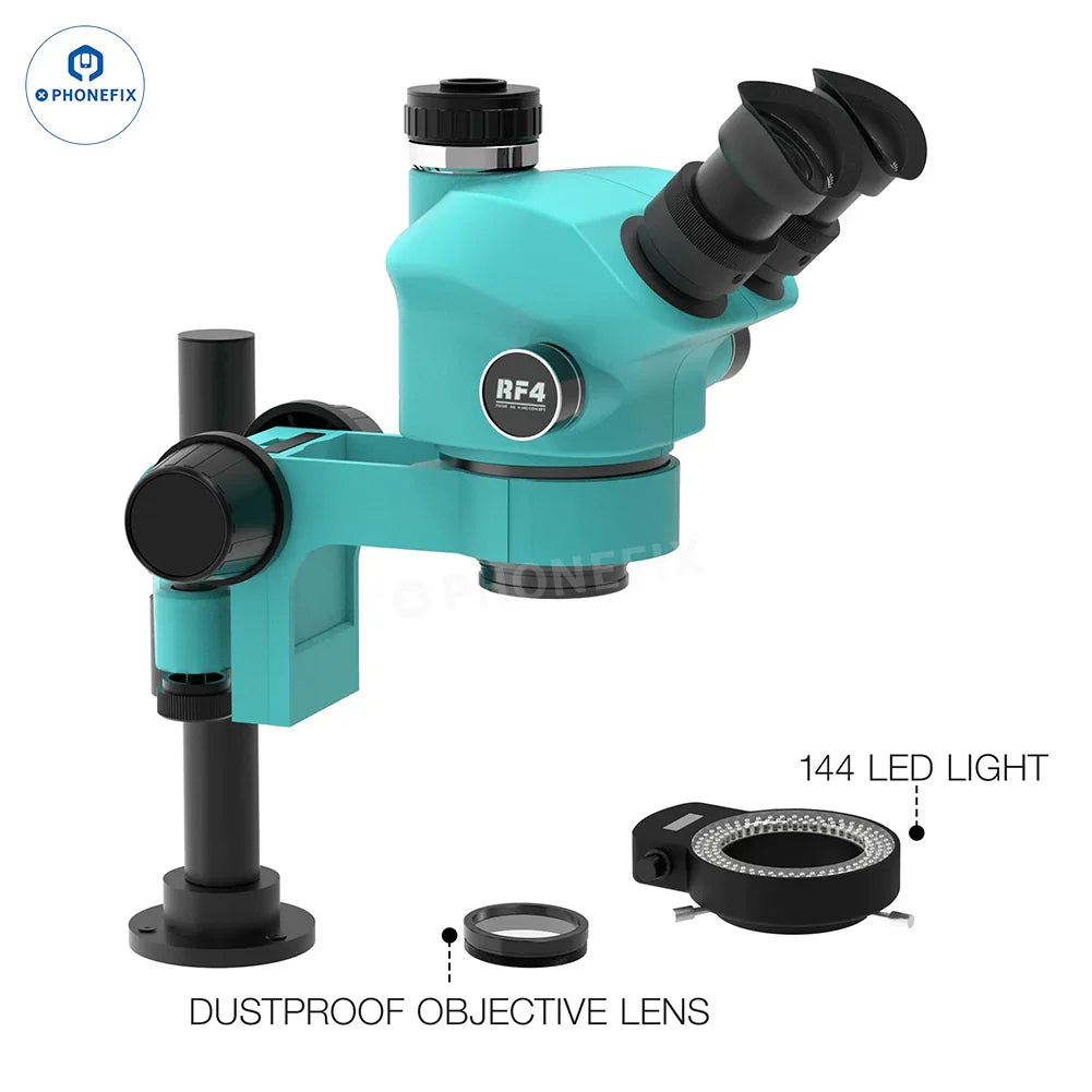 RF4 RF7050PRO FO19 trinocular stereo microscope with folding swing arm, electric microscope for detailed optical inspection.