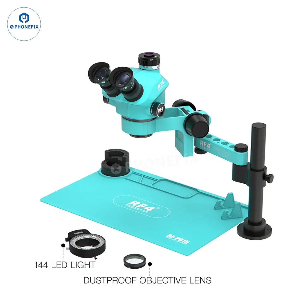 RF7050PRO FO19 trinocular stereo microscope with folding swing arm, electric microscope for detailed biological and industrial inspection.