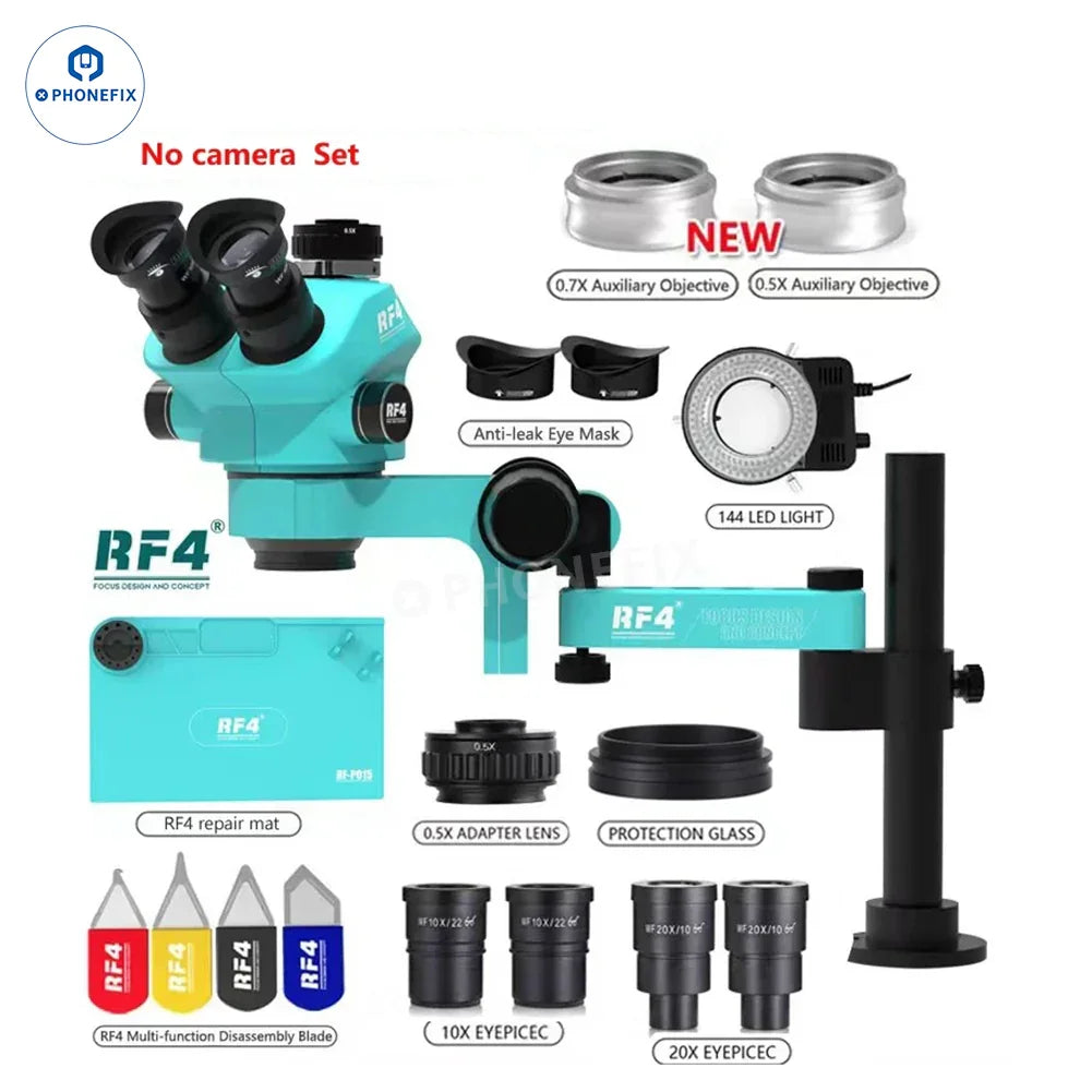 RF4 RF7050PRO FO19 trinocular stereo microscope with folding swing arm, designed for detailed viewing in electrical microscopy.