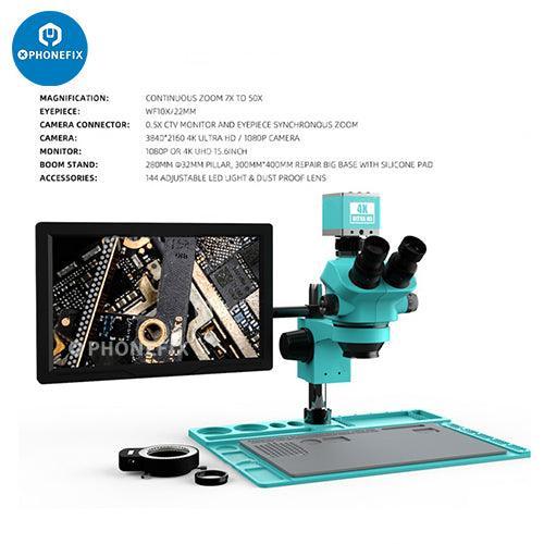RF-6565 7050TV 4K HD camera monitor trinocular stereo microscope showing detailed eyepieces and camera setup for high-resolution imaging