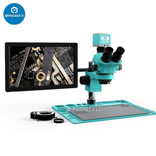 RF-6565 7050TV 4K HD camera monitor trinocular stereo microscope by PHONEFIX showing the microscope with adjustable eyepieces and camera attachment