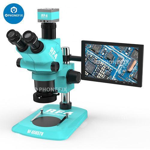 RF-6565 7050TV 4K HD camera monitor trinocular stereo microscope by PHONEFIX, showing detailed lenses and control panel.