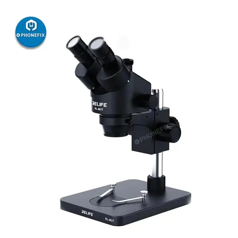 RELIFE RL-M3T 7X-45X trinocular HDMI stereo microscope for PCB repair, featuring electric microscope design by PHONEFIX.