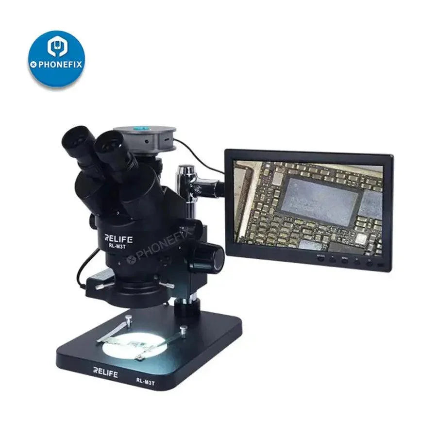 RELIFE RL-M3T 7X-45X trinocular HDMI stereo microscope for PCB repair, black electric microscope by PHONEFIX.