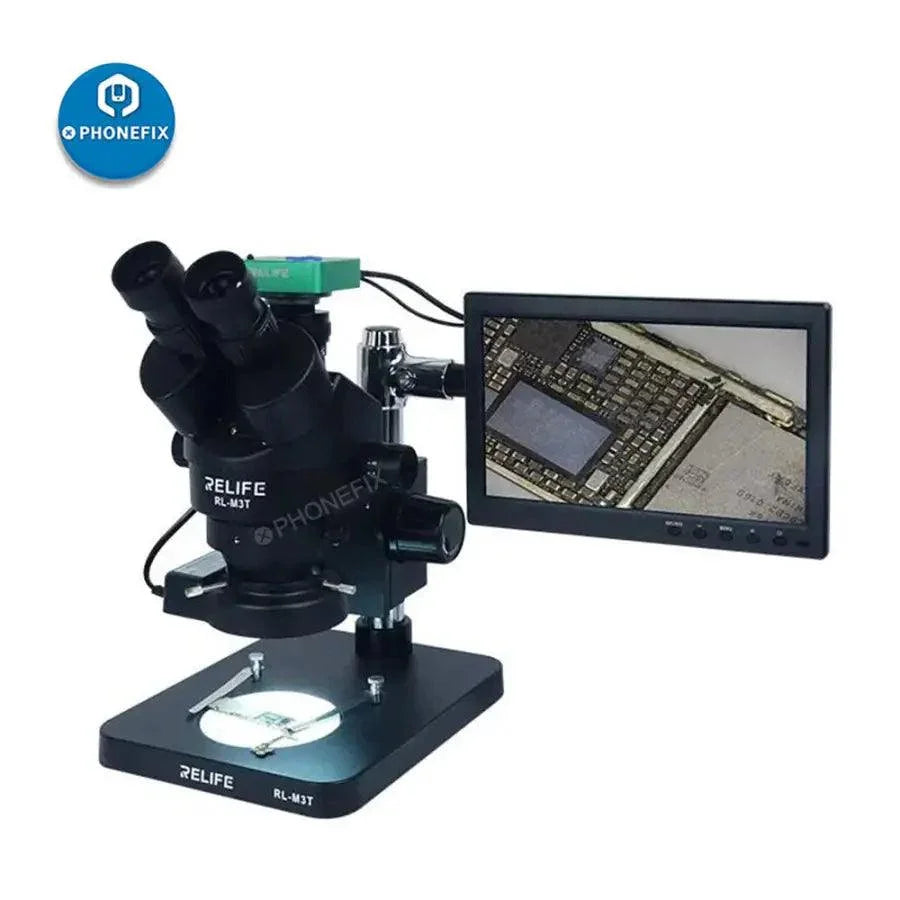 RELIFE RL-M3T 7X-45X trinocular HDMI stereo microscope for PCB repair, electric microscope by PHONEFIX with adjustable zoom.