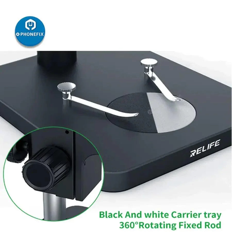 RELIFE RL-M3T 7X-45X trinocular HDMI stereo microscope by PHONEFIX, used for PCB repair and detailed electronic inspection.