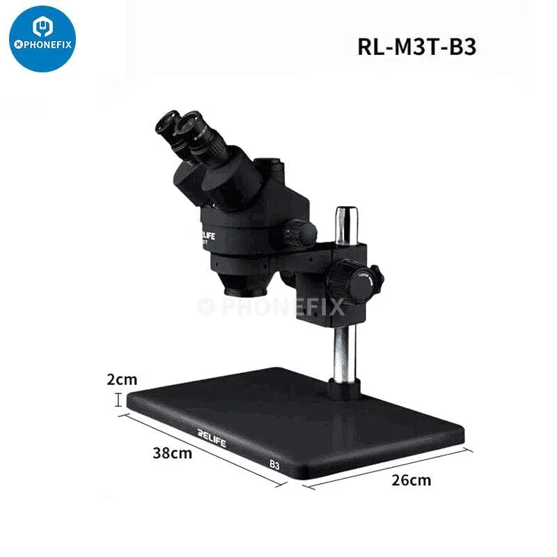 RELIFE RL-M3T 7X-45X trinocular HDMI stereo microscope for PCB repair, black electric microscope by PHONEFIX.