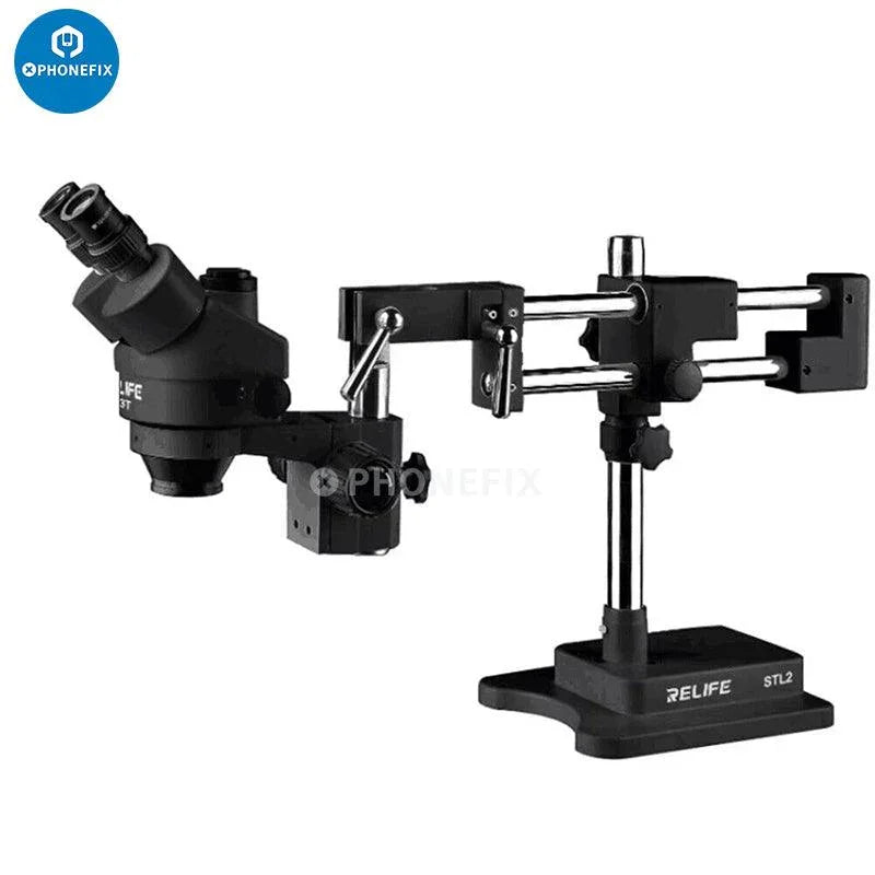RELIFE RL-M3T 7x-45x trinocular HDMI stereo microscope for PCB repair, electric microscope by PHONEFIX, black model.