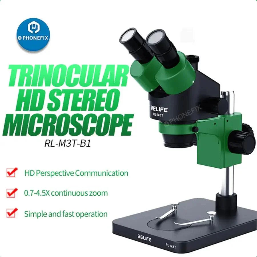 Microscope stéréo trinoculaire RELIFE RL-M3T-B1 pour le soudage de circuits imprimés, microscope électrique utilisé pour des inspections électroniques détaillées.