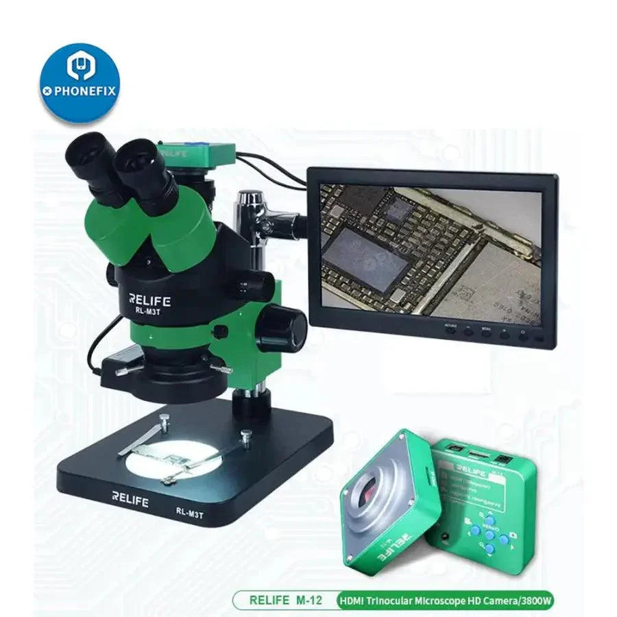 Microscope stéréo trinoculaire Relife RL-M3T-B1 pour le soudage de circuits imprimés, microscope électrique de PHONEFIX, montrant une vue détaillée des cartes de circuits imprimés