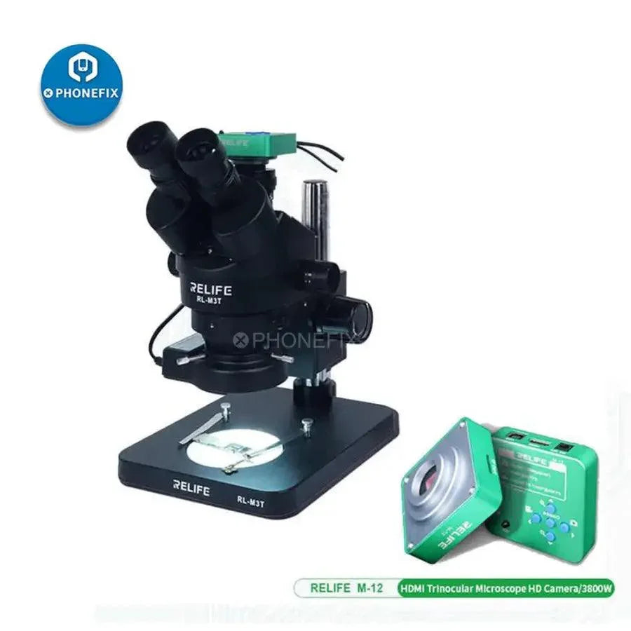 Microscope stéréo trinoculaire RELIFE RL-M3T-B1 pour le soudage de circuits imprimés, microscope électrique utilisé pour des inspections électroniques détaillées.