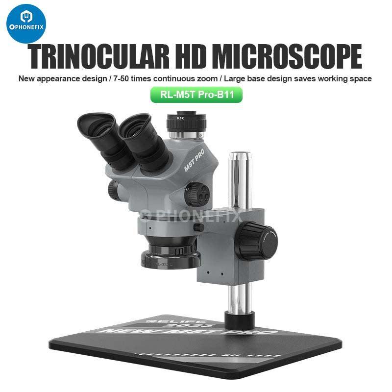 Relife RL-M5T-B11 7-50X HD trinocular zoom stereo microscope with electric illumination, used for detailed biological or industrial inspection