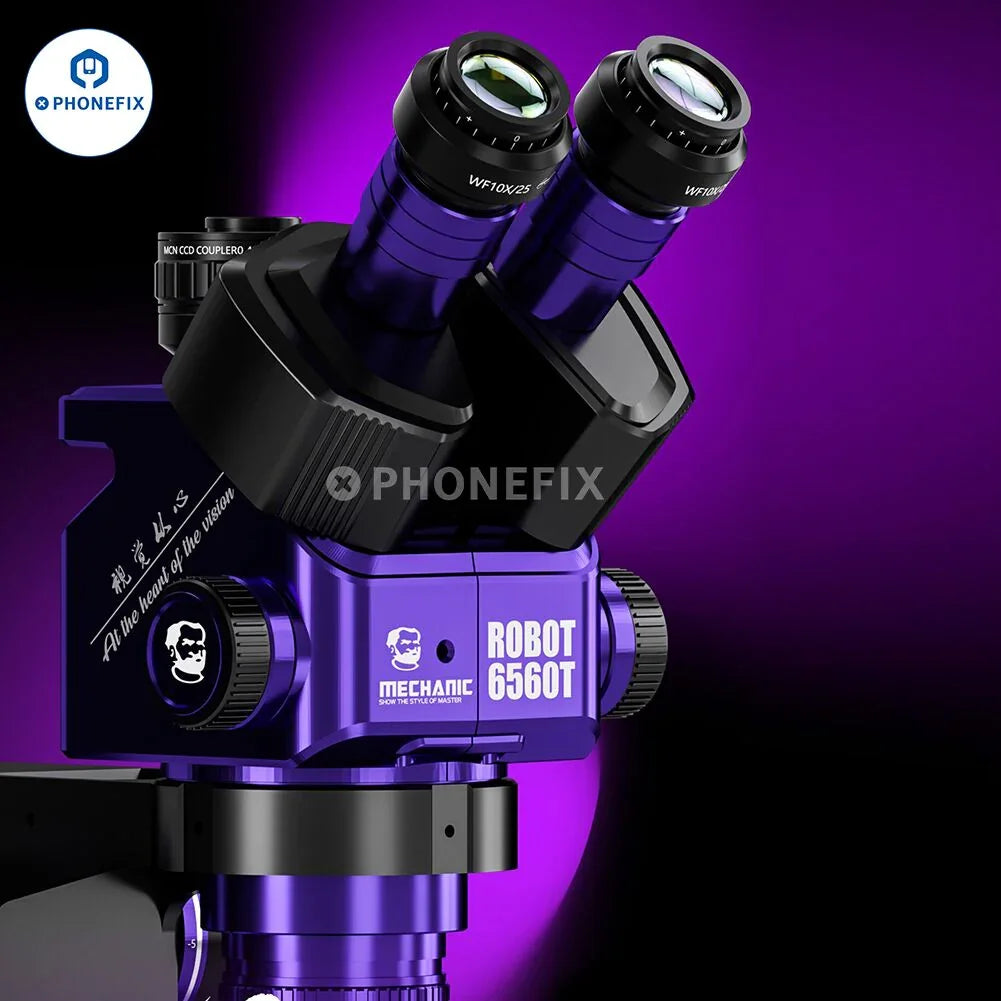PhoneFix Mechanic Robot 6560T-B11 6.5-60X trinocular stereo microscope with electric illumination and adjustable focus.