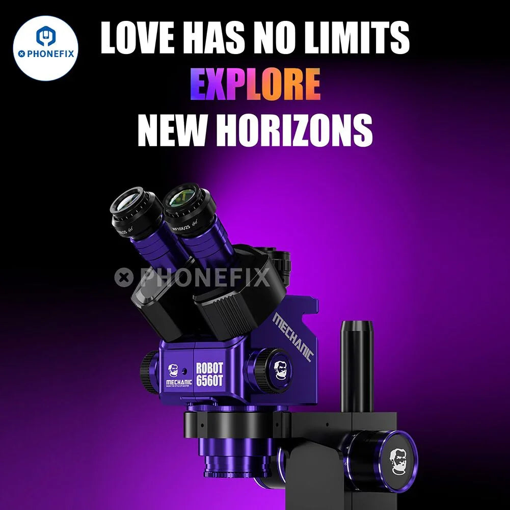 Electric trinocular stereo microscope by PHONEFIX, MECHANIC ROBOT 6560T-B11 with adjustable focus and dual eyepieces for detailed viewing.