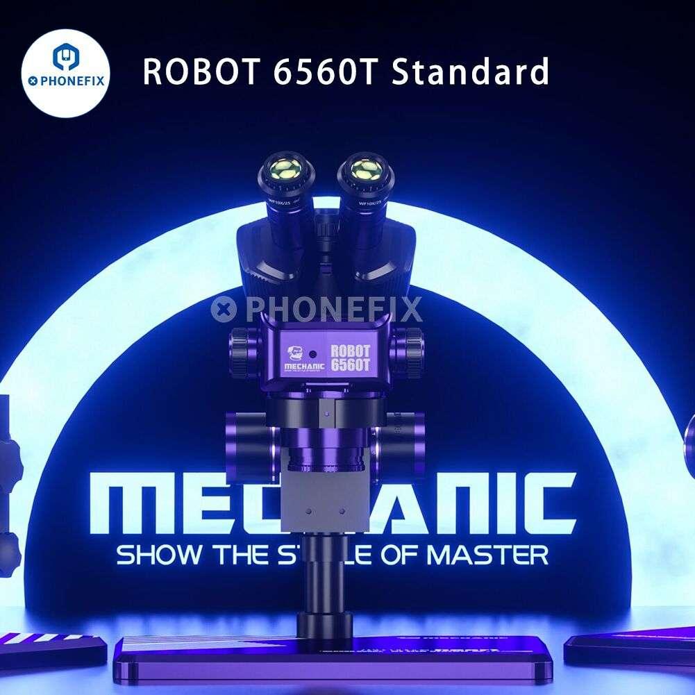 PhoneFix Mechanic Robot 6560T-B11 6.5-60X trinocular stereo electric microscope with adjustable eyepieces and focusing knobs.
