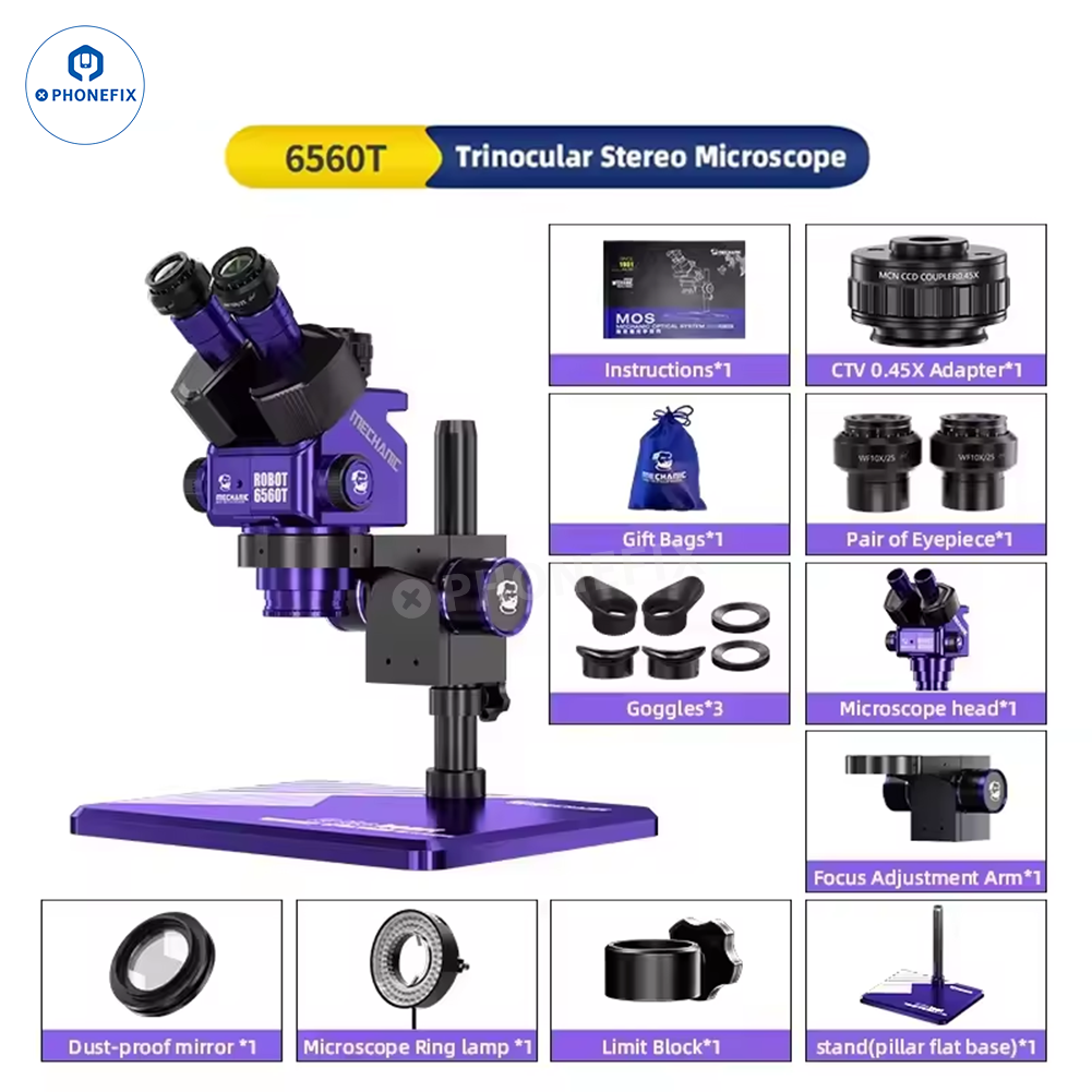 Electric trinocular stereo microscope MECHANIC ROBOT 6560T-B11 by PHONEFIX with 6.5-60X magnification and sturdy build