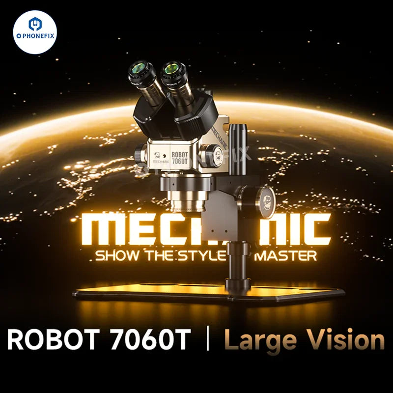 Phonefix MECHANIC ROBOT 7060T 7-60X trinocular zoom microscope showing the device with adjustable eyepieces and focus knobs.